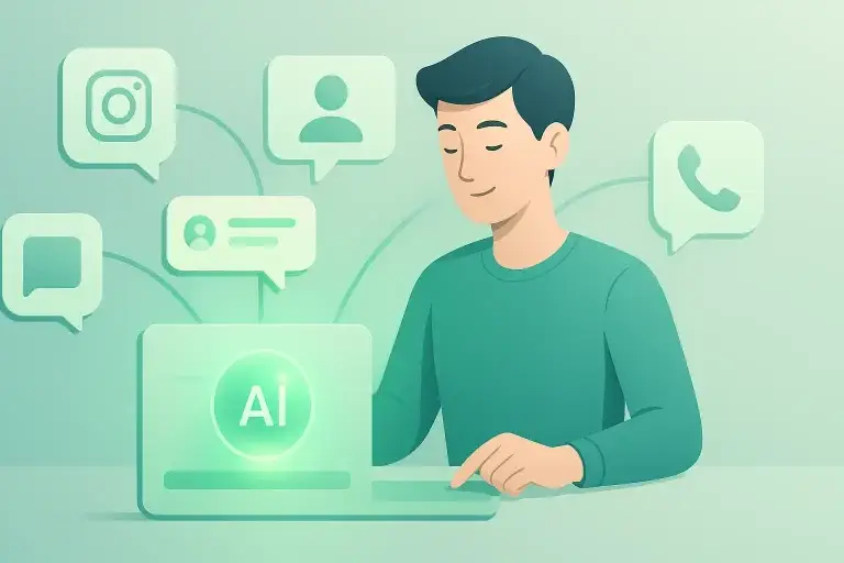 Illustration of a person using AI to manage social media messages from platforms like Instagram and WhatsApp, symbolizing Replaid’s automated inbox for lead management.