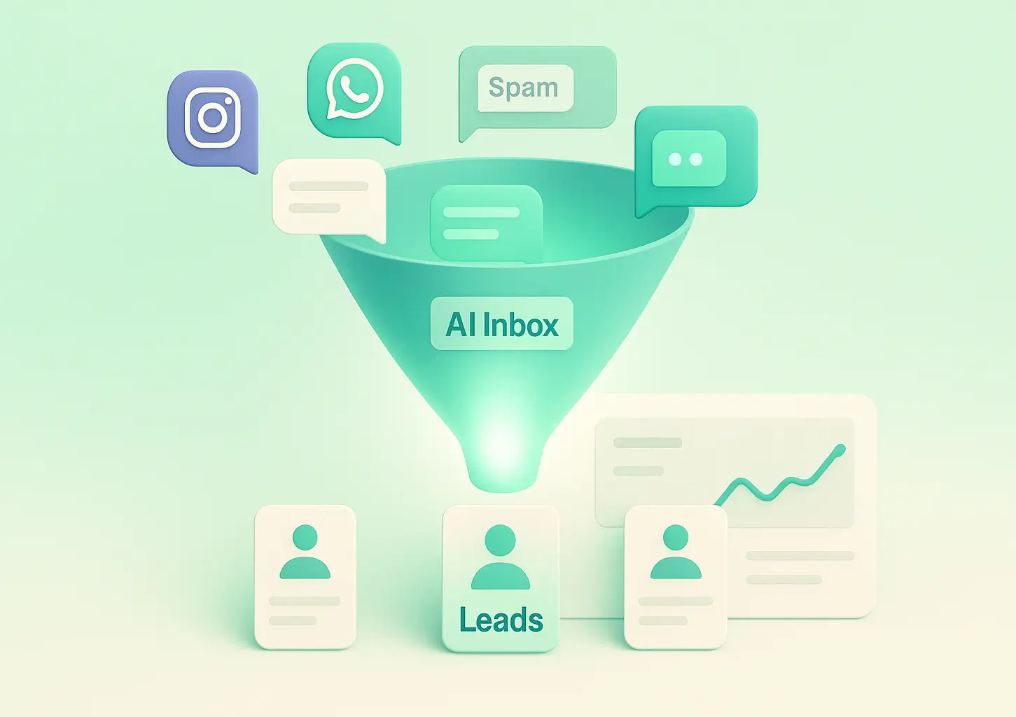 Digital illustration of an AI-powered sales funnel filtering social media messages and spam into qualified leads, symbolizing automation and lead generation efficiency.