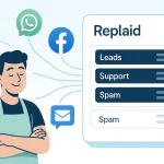 Illustration of a small business owner using Replaid to organize messages from Instagram, WhatsApp, Facebook, and email into Leads, Support, and Spam categories automatically.
