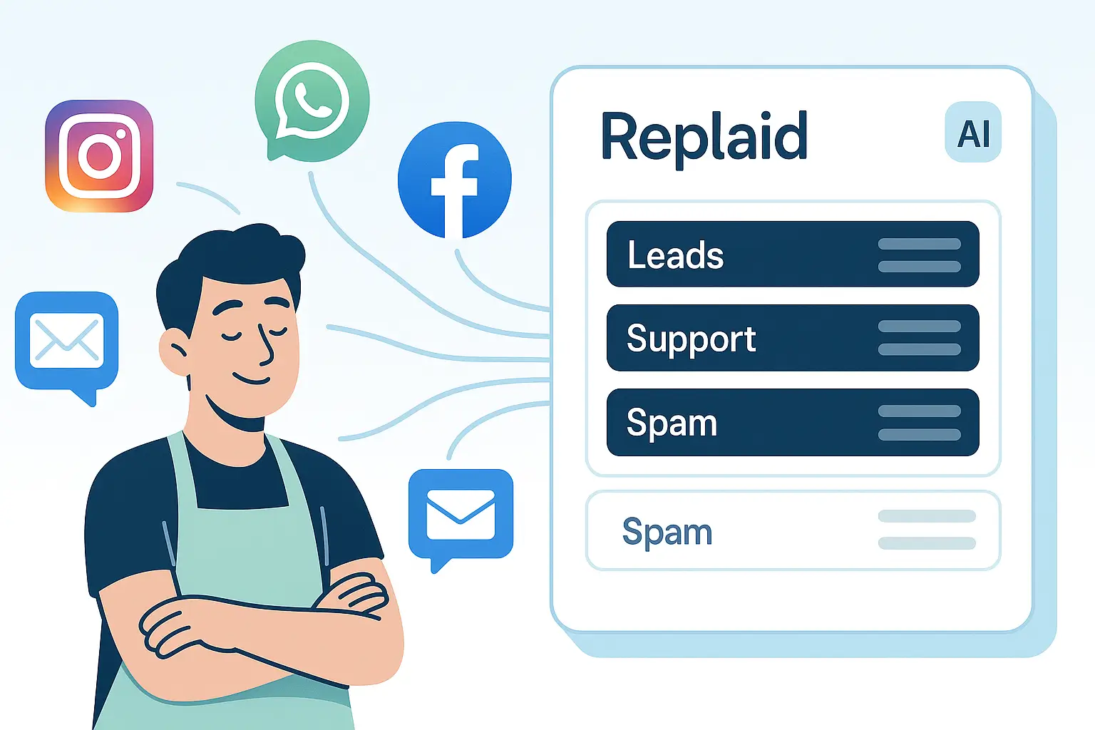 Illustration of a small business owner using Replaid to organize messages from Instagram, WhatsApp, Facebook, and email into Leads, Support, and Spam categories automatically.